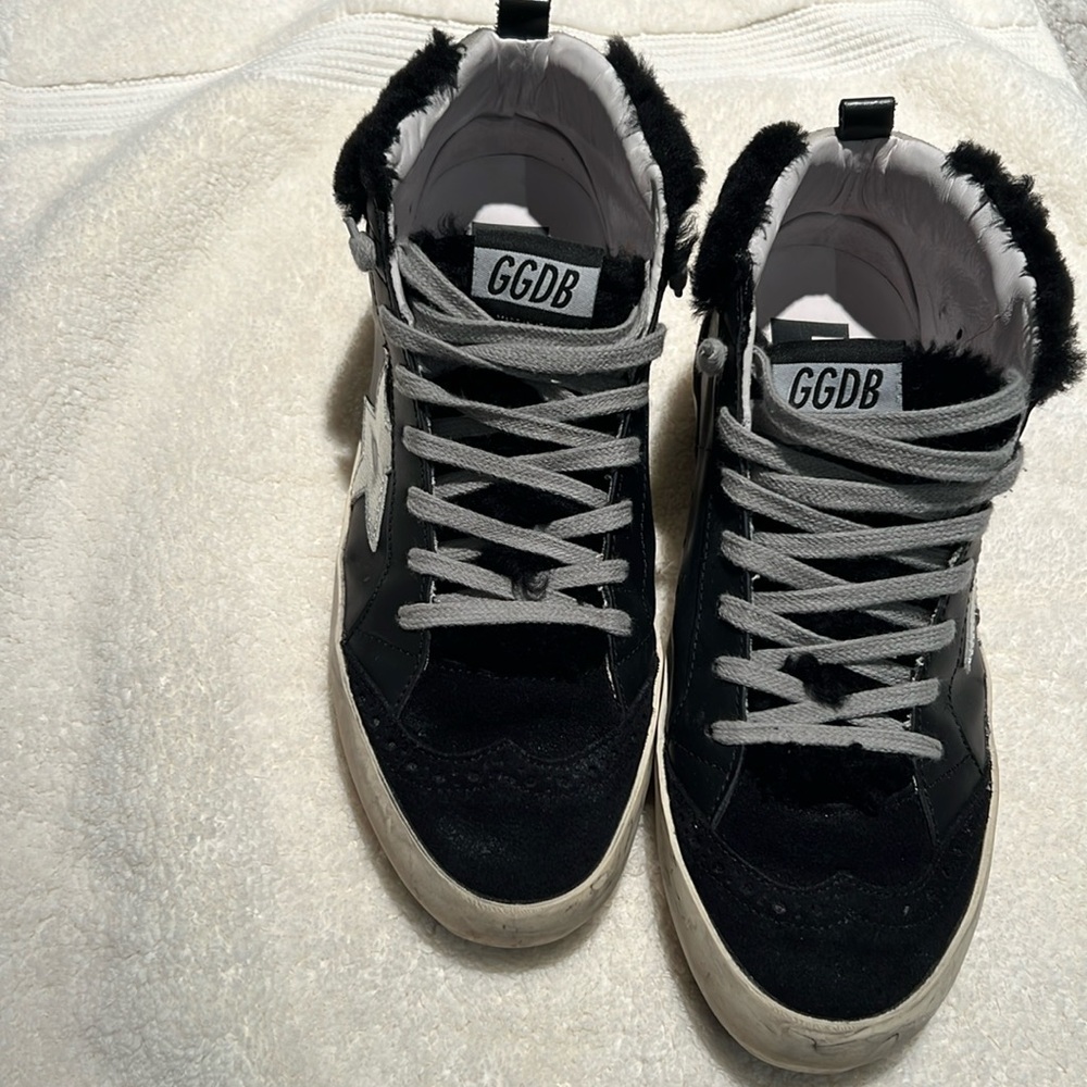 Golden Goose, mid height, suede, fur and leather sneakers.